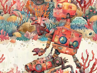 Design a watercolor painting of a Robot immersed in a fantastical underwater kingdom