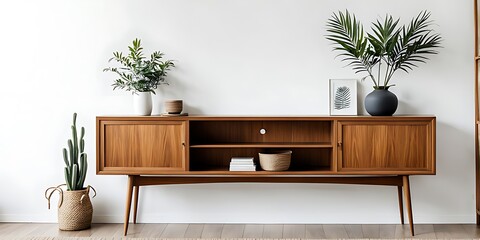  Wooden cabinet and accessories decor in living room interior on empty white wall background 