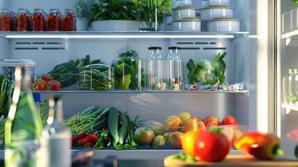 Organized refrigerator with assorted vegetables and food containers