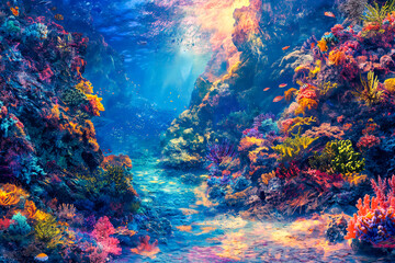 Vibrant coral reef teeming with exotic sea creatures