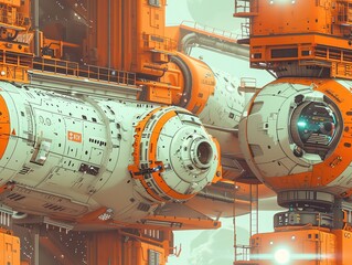 Illustrate a futuristic space station using clean lines and metallic textures