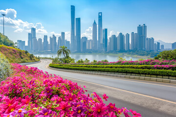 Fototapeta premium View of road highway with lake garden and modern city skyline in background