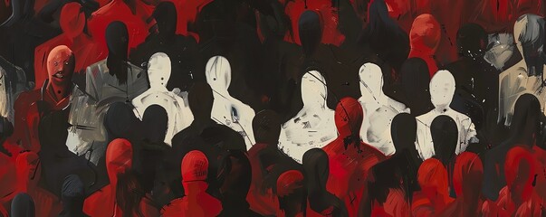 Portray the feeling of being lost in a crowd by creating a visually striking image of a faceless individual surrounded by faceless silhouettes