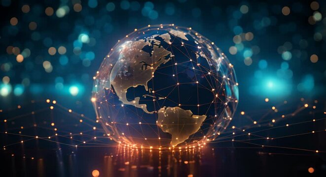 Globe with glowing nodes of data transfer, blurred undersea cable map background,