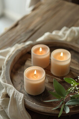 Aromatic candles arranged on a wooden tray