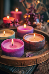 Aromatic candles arranged on a wooden tray