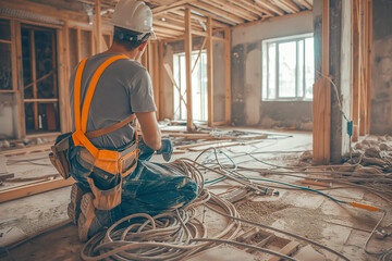 Construction worker kneeling and working on electrical wiring in a building under renovation