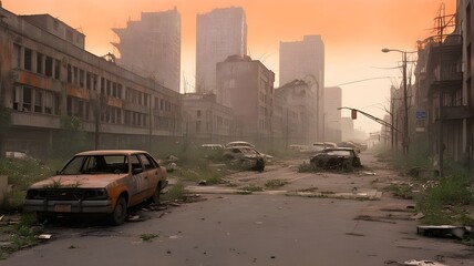 Eerie Post-Apocalyptic Urban Landscape with Derelict Cars and Buildings