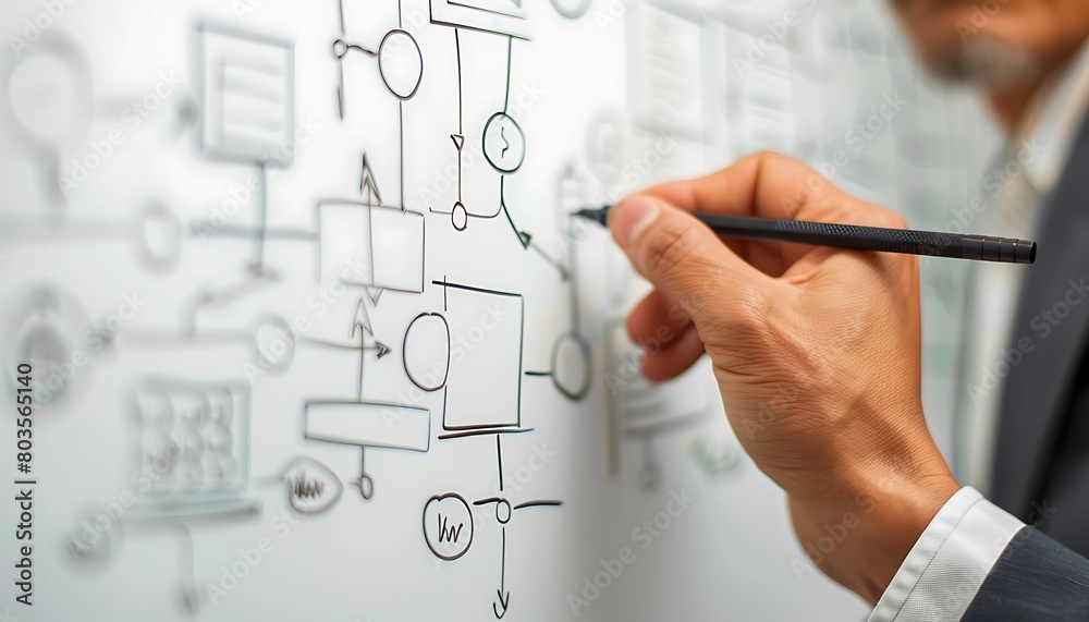 Aufkleber closeup of a manager's hand drawing a flowchart on a whiteboard