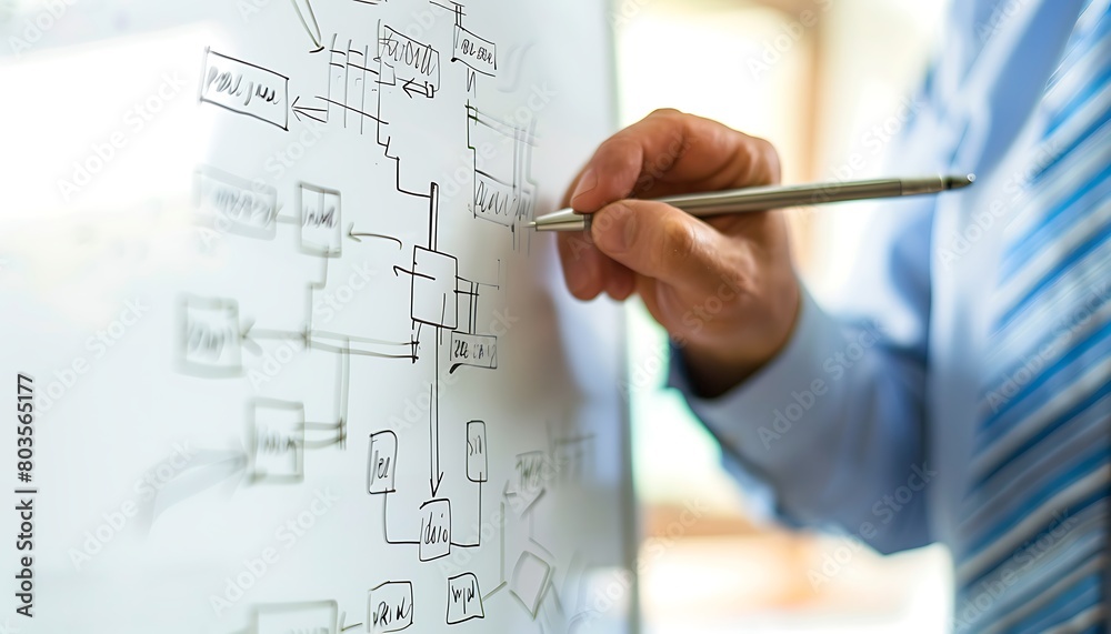 Poster closeup of a manager's hand drawing a flowchart on a whiteboard