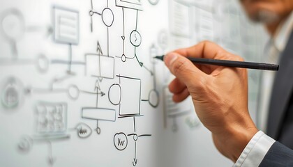 Closeup of a manager's hand drawing a flowchart on a whiteboard