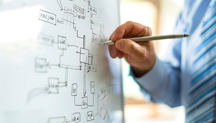 Closeup of a manager's hand drawing a flowchart on a whiteboard