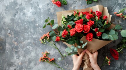 Beautiful bouquet of red roses in hands on textured background