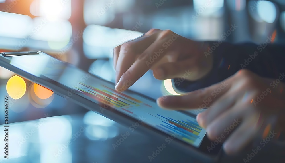Aufkleber manager analyzing sales data on a tablet, closeup on screen