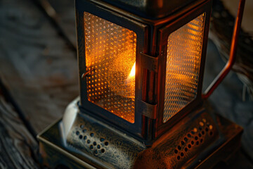 Antique brass lantern with a glowing flame
