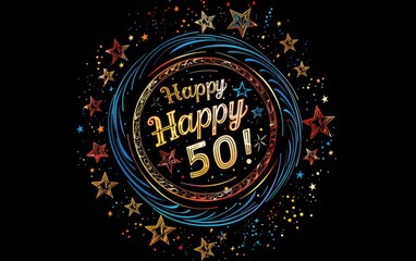 Celebrating 50, happy text in festive font, marking a joyful milestone, perfect for birthday invitations, anniversary announcements, or celebratory designs with a cheerful and vibrant theme