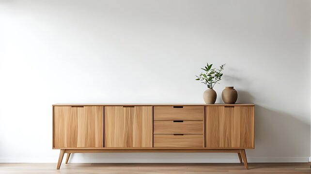  Wooden cabinet and accessories decor in living room interior on empty white wall background 