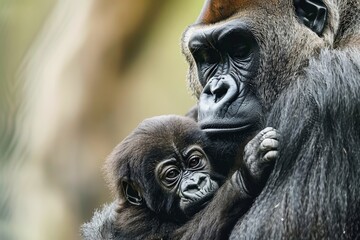 Fototapeta premium A gentle gorilla mother cradling her baby close.