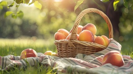 Peaches in a basket on a picnic blanket in orchard in a sunny day