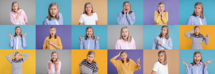 Collage with photos of surprised woman on different color backgrounds