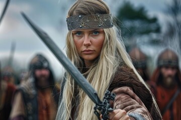 An exquisite depiction captures a Slavic warrior female donning his chainmail armor in a striking portrait.
