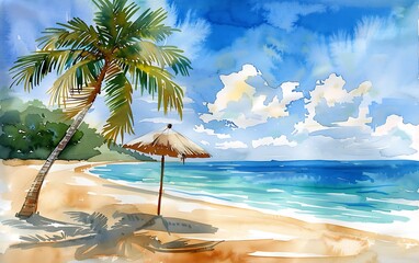 Obraz premium Illustration a bright beach scene with lively watercolors