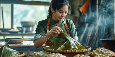 Focused young woman skillfully wrapping zongzi in a traditional kitchen, embodying the cultural spirit of the Dragon Boat Festival