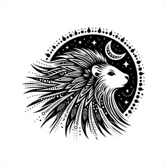porcupine; hedgehog silhouette in bohemian, boho, nature illustration