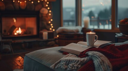 Photo of a cozy scene of a cup of coffee, a book and a warm blanket on a couch next to a fireplace