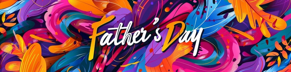 Abstract art background with "Father's Day" lettering blending into a colorful, dynamic pattern, Artistic and bold. Banner.