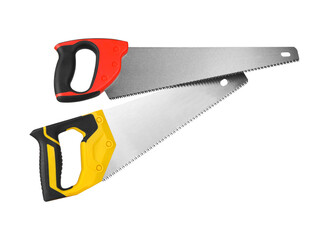 Saws with colorful handles isolated on white
