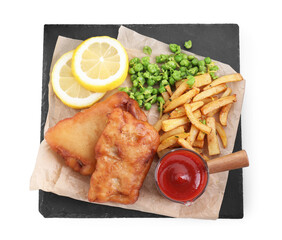 Tasty fish, chips, sauce and peas isolated on white, top view