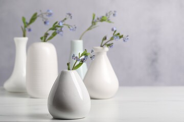 Fototapeta premium Beautiful forget-me-not flowers in vases on white table, closeup