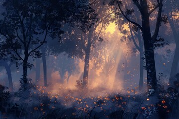 mystical misty forest at dawn with sun rays piercing through trees digital painting