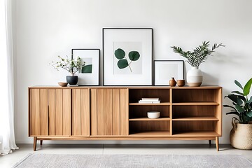  Wooden cabinet and accessories decor in living room interior on empty white wall background 