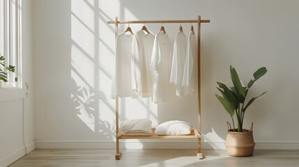 A minimalist rack with neatly arranged women's against the backdrop of an empty room, symbolizing sustainable fashion and eco-friendly outfit choices.