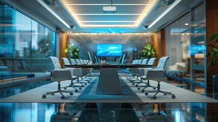 Obraz premium A modern conference room equipped with the latest technology decorated with lights on the walls. Futuristic conference room.