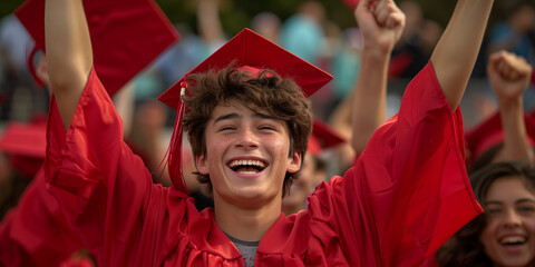 Joyful young graduate celebrating in a cap and gown during a high school graduation ceremony, arms raised in victory