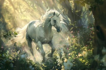 A beautiful white unicorn is running through a magical forest