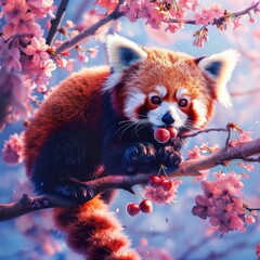 A red panda eating cherry blossoms in a beautiful cherry blossom tree.