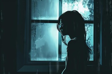 sad girl silhouette standing by window in dimly lit room depression concept illustration