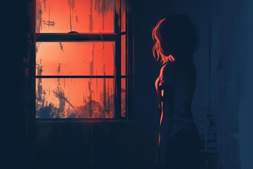 sad girl silhouette standing by window in dimly lit room depression concept illustration