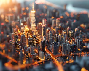 Produce a mesmerizing 3D rendering of a top-down view of a cityscape fabricated from digital representations of global currencies, emphasizing sharp details and realistic lighting effects