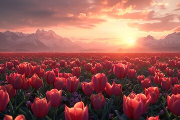 Produce a stunning digital rendering of a vast tulip landscape, utilizing CG 3D techniques to bring depth and realism to the scene Highlight the beauty and scale of the flowers