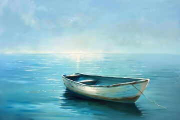 serene boat floating on calm sea tranquil oceanic landscape oil painting