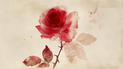 Red rose, symbol of love, watercolor painting.