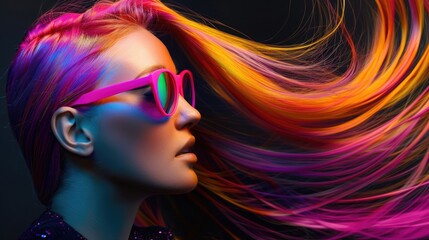 Profile of a woman with pink sunglasses and flowing rainbow hair