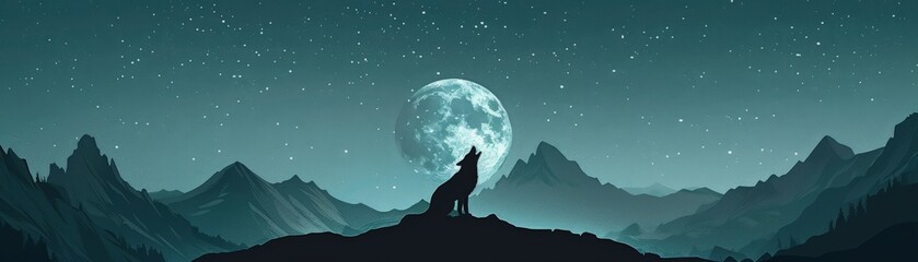 The full moon rises over the mountains as a lone wolf howls into the night