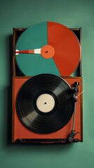 Retro turntable with red and blue vinyl records on green background.
