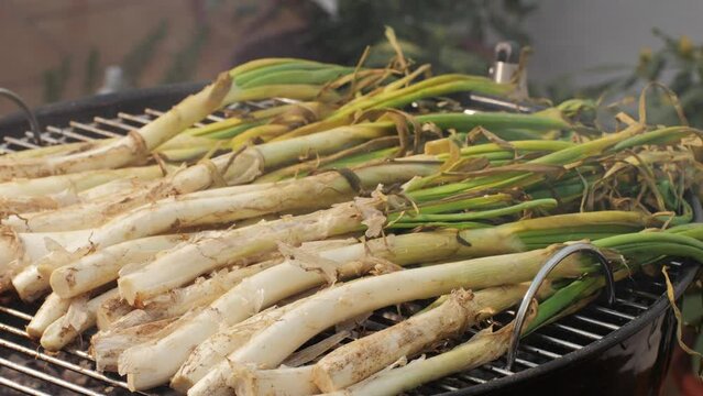 Traditional Spanish catalan green winter onion calcots, spring green season grill barbecue, vegan bbq with fire in Barcelona, Catalonia. Close up of grilling green onion.
